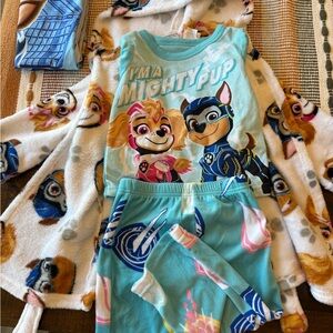 Paw Patrol Mighty Pups Pajama Set - Light Blue and White 2T with pillow case.